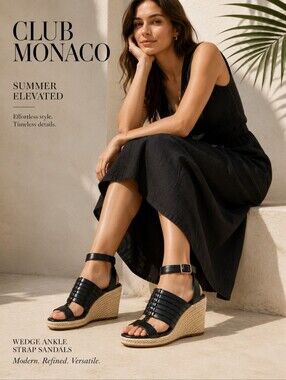 CLUB MONACO Leather Black Strappy Wedge Espradrille Sandals Sz 39 1/2